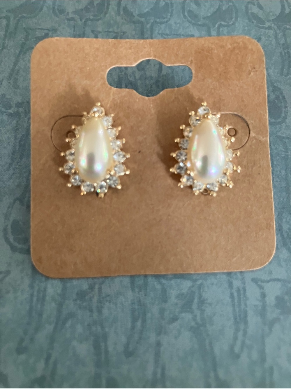 Faux Pearl & Clear Rhinestones Gold Tone Pierced Earrings